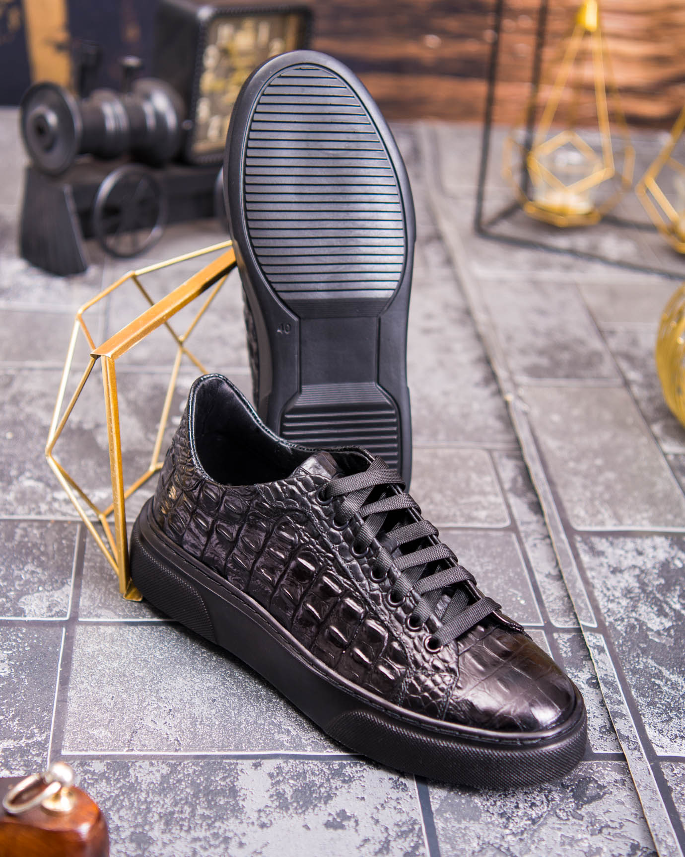 Sneaker de barbati, negri, din piele naturala, model croc, semi-lac- P1926 - imagine 7