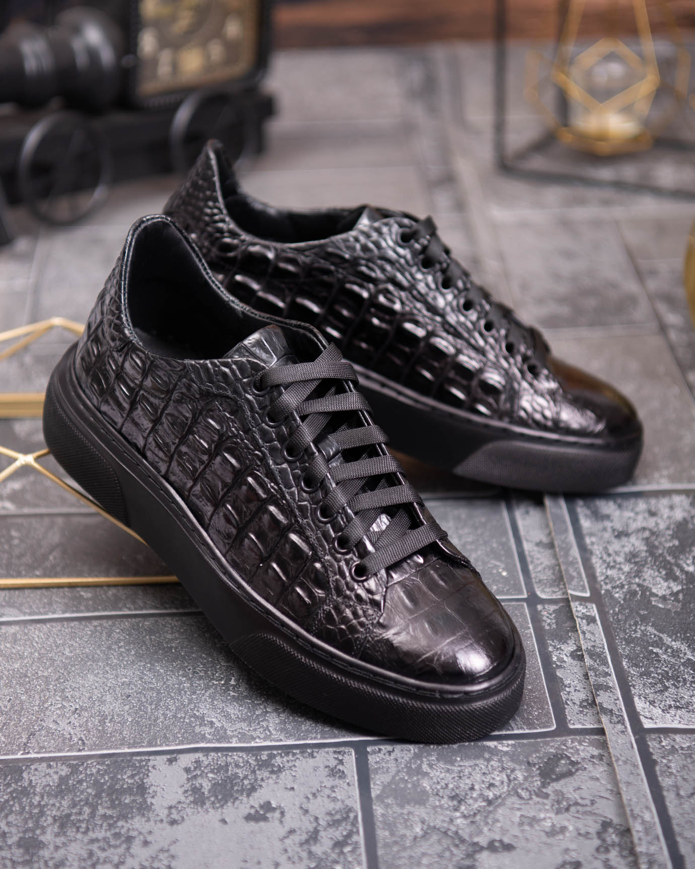 Sneaker de barbati, negri, din piele naturala, model croc, semi-lac- P1926 - imagine 4