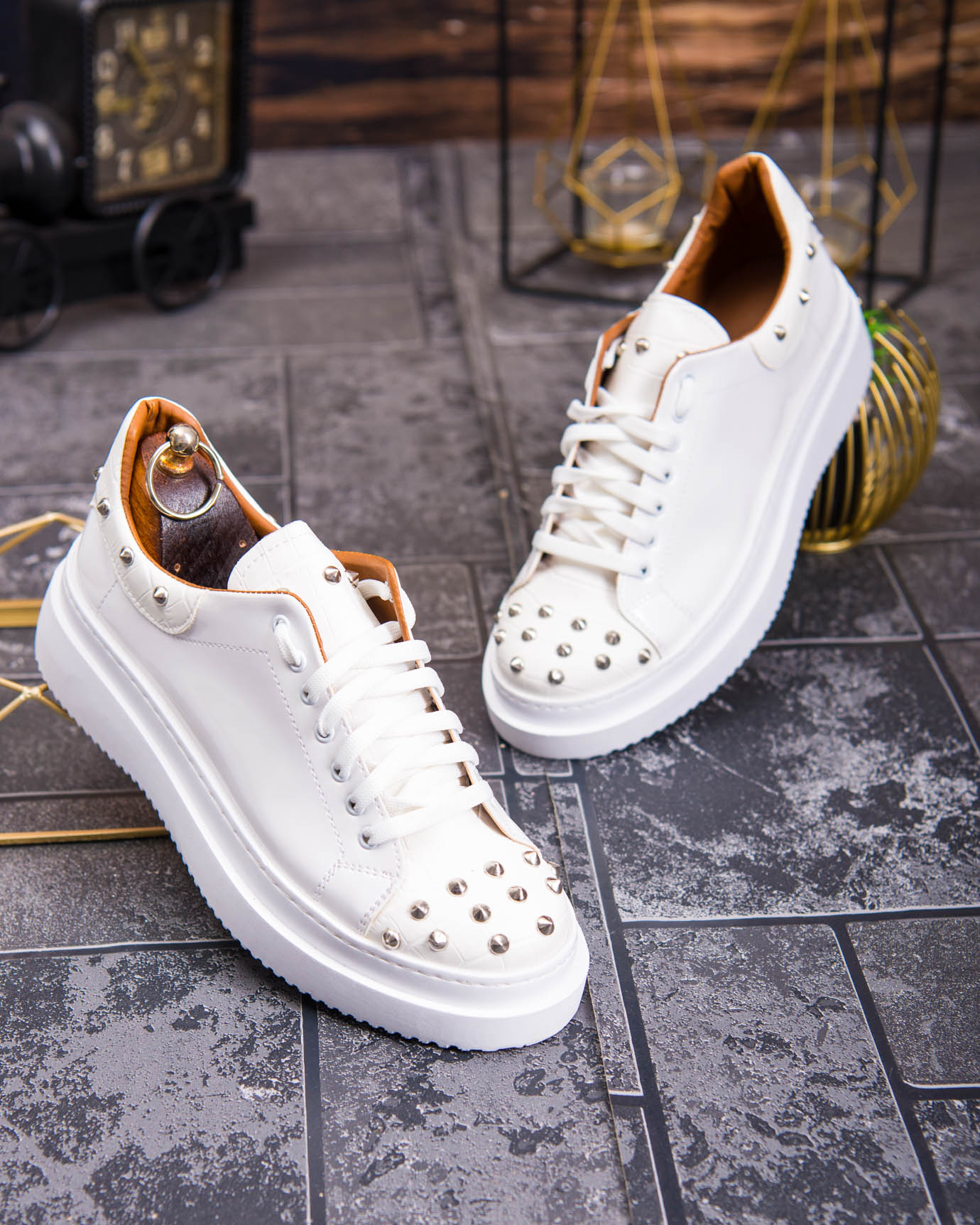 Teniși de bărbați cu talpa înaltă, albi cu tinte– AD875 - imagine 6