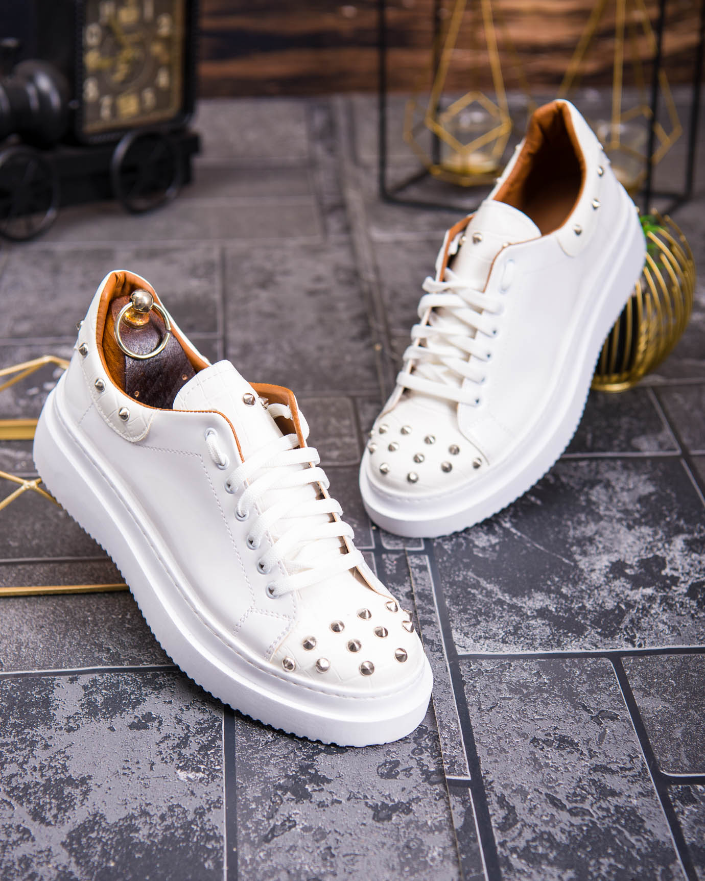 Teniși de bărbați cu talpa înaltă, albi cu tinte– AD875 - imagine 7