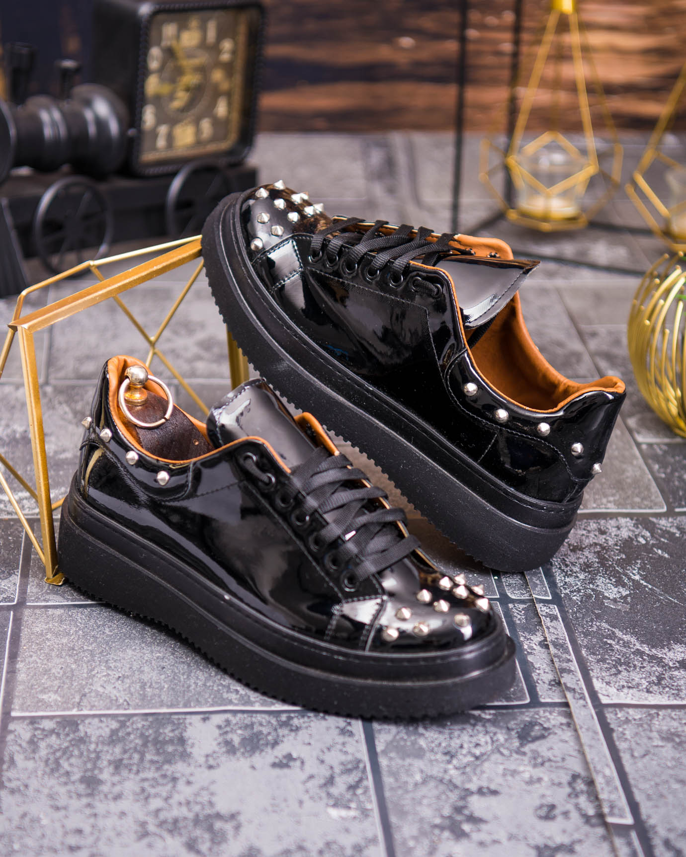 Teniși de bărbați cu talpa înaltă, negri cu tinte– AD876 - imagine 3