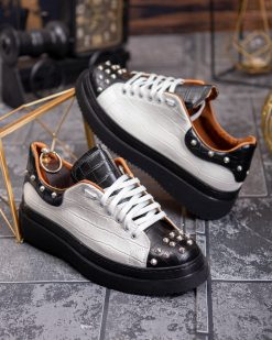 Teniși de bărbați cu talpa înaltă, alb/negru cu tinte– AD874