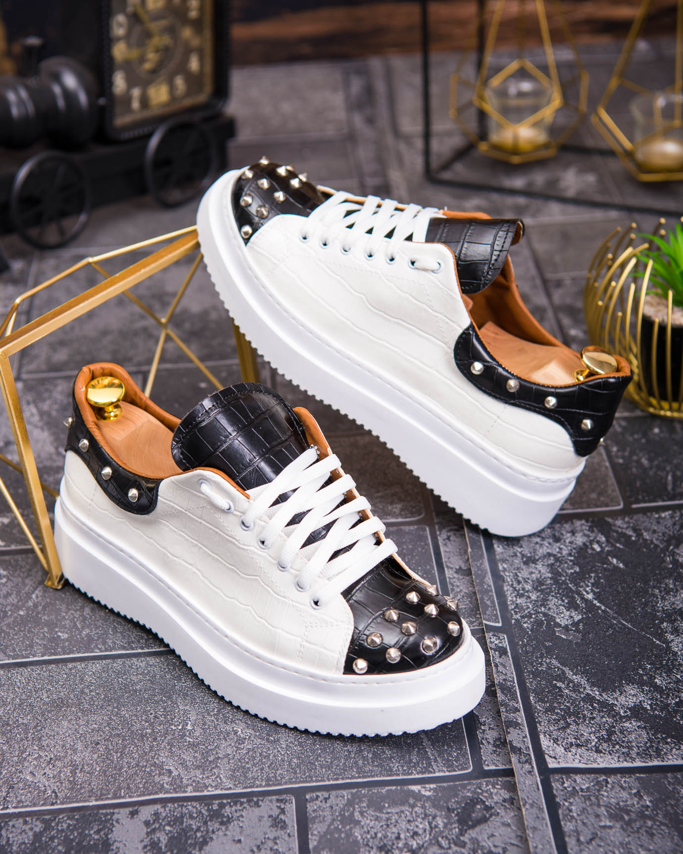 Teniși de bărbați cu talpa înaltă, alb/negru cu tinte– AD878 - imagine 6