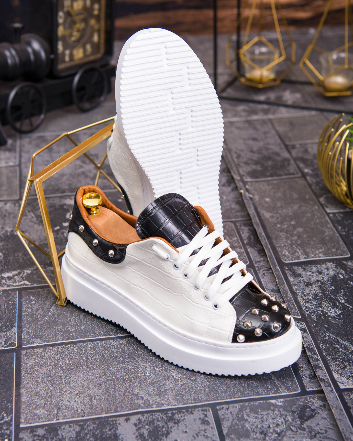 Teniși de bărbați cu talpa înaltă, alb/negru cu tinte– AD878 - imagine 5