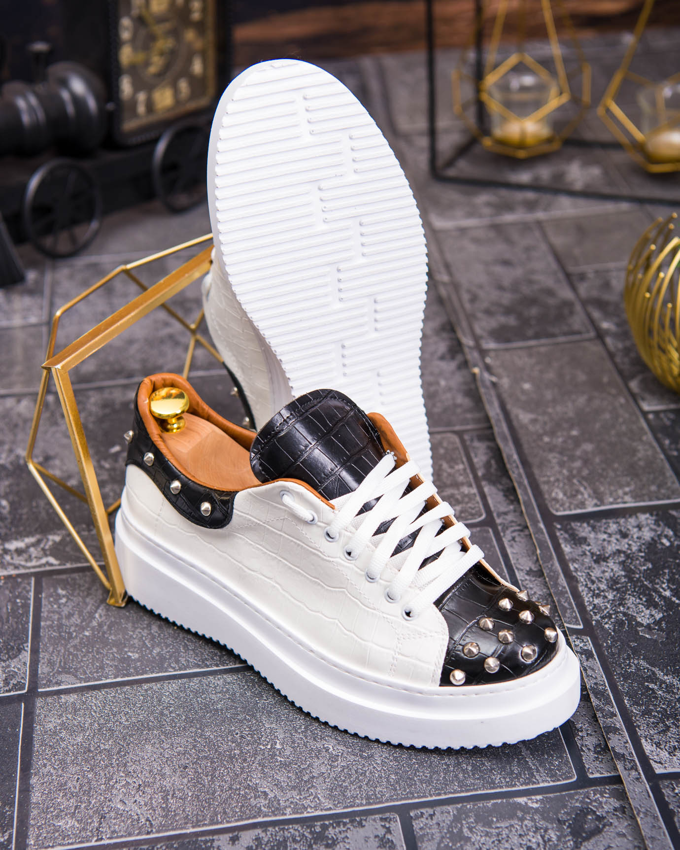 Teniși de bărbați cu talpa înaltă, alb/negru cu tinte– AD878 - imagine 7