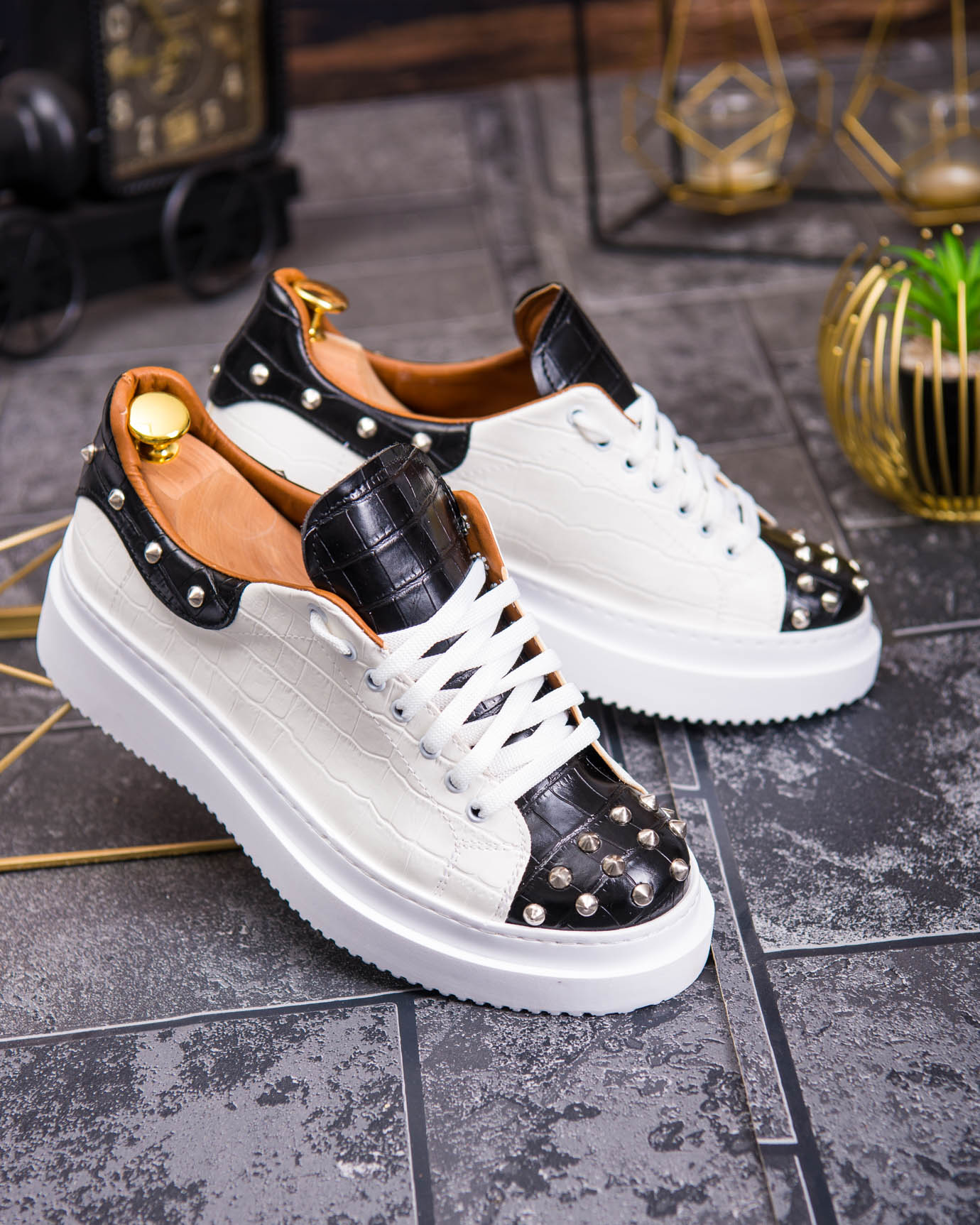 Teniși de bărbați cu talpa înaltă, alb/negru cu tinte– AD878 - imagine 8