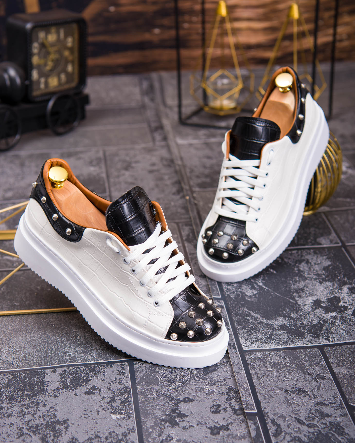 Teniși de bărbați cu talpa înaltă, alb/negru cu tinte– AD878 - imagine 9