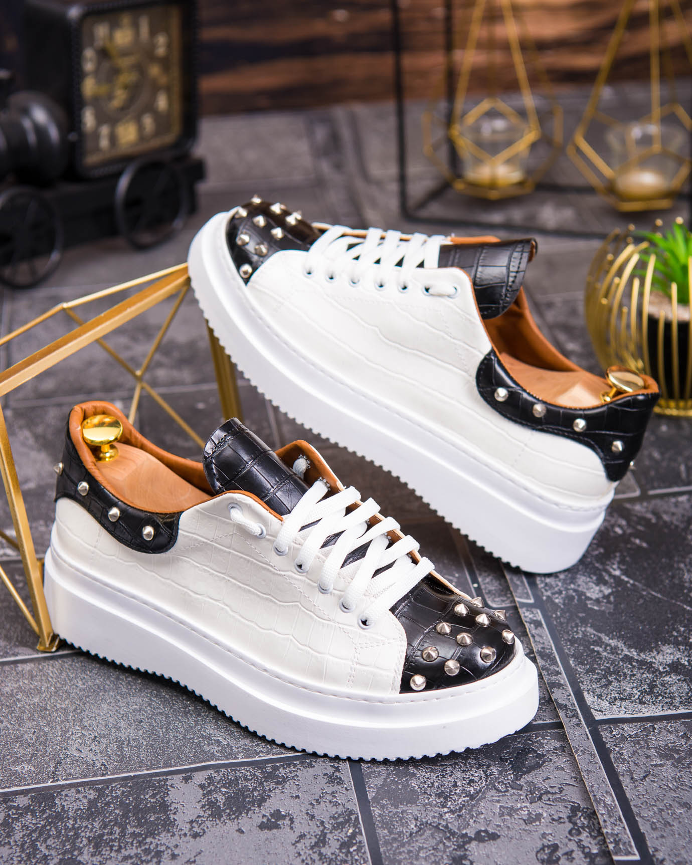 Teniși de bărbați cu talpa înaltă, alb/negru cu tinte– AD878 - imagine 10