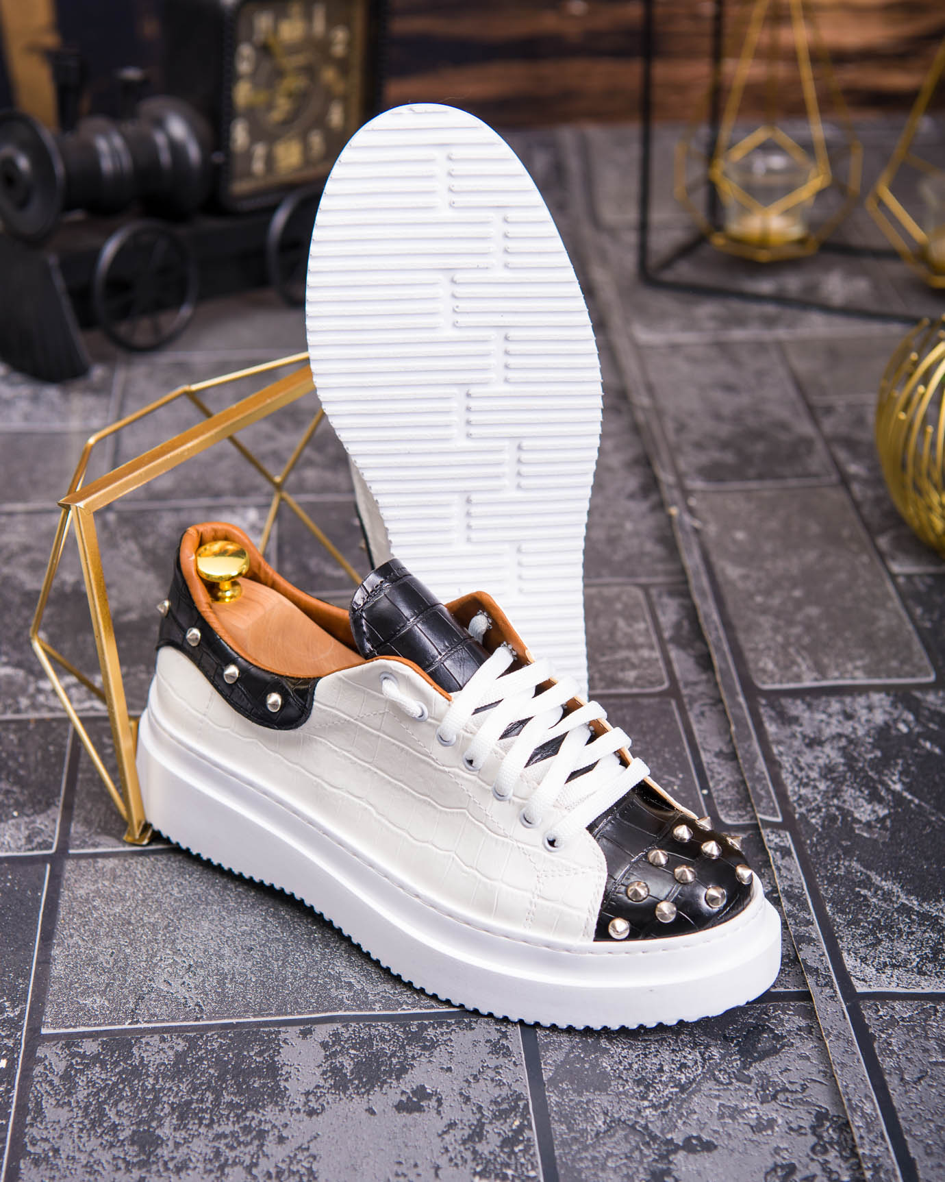 Teniși de bărbați cu talpa înaltă, alb/negru cu tinte– AD878 - imagine 12