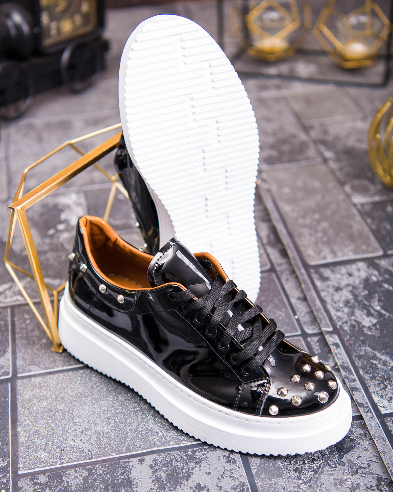 Teniși de bărbați cu talpa înaltă, negri cu tinte– AD879 - imagine 2