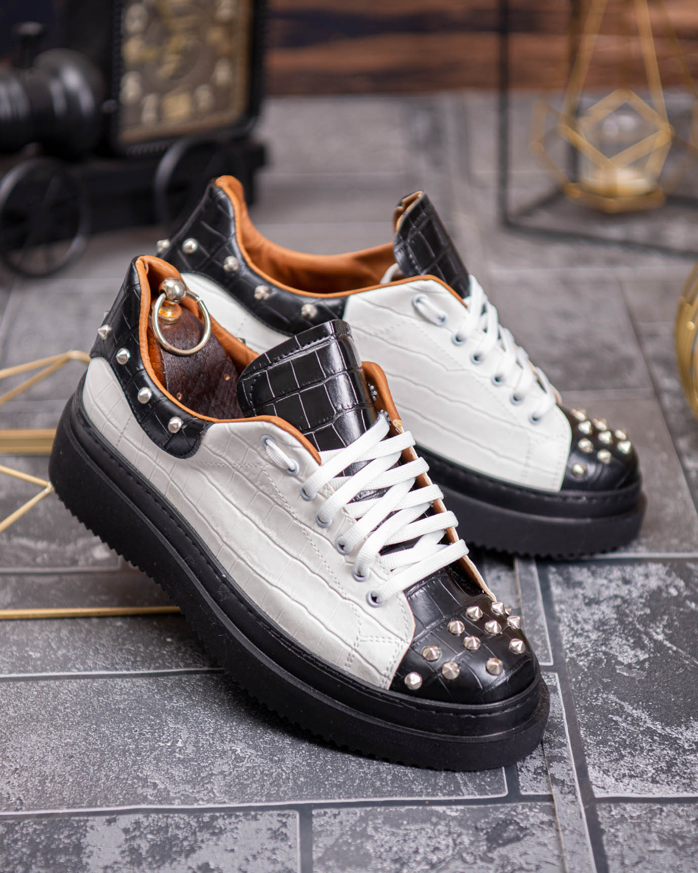 Teniși de bărbați cu talpa înaltă, alb/negru cu tinte– AD874 - imagine 5