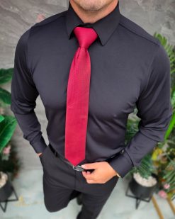 Cămașă neagra de bărbați, Reginald cu nasturi ascunsi, elastica- CM551