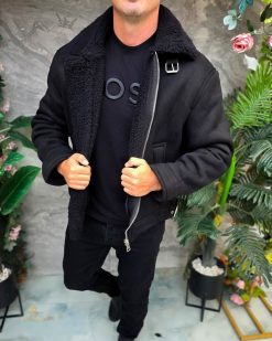 Cojoc negru de barbati, interior imblanit, slim-fi- GC872