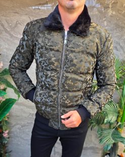 Geaca de bărbați, verde army, groasa, guler de blana - GC868