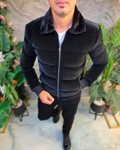 Geaca de bărbați, neagra, groasa, guler de blana - GC866