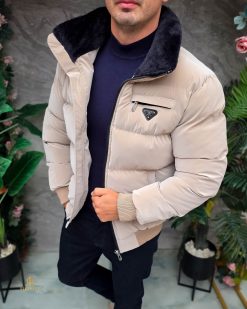 Geaca de bărbați, crem, groasa, blana la guler - GC880