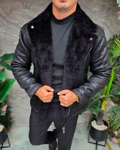 Cojoc gros negru, interior imblanit, slim-fit - GC887