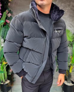 Geaca de bărbați, neagra, groasa, blana la guler - GC883