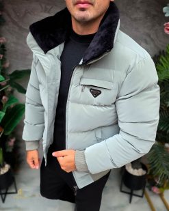 Geaca de bărbați, verde deschis, groasa, blana la guler - GC882