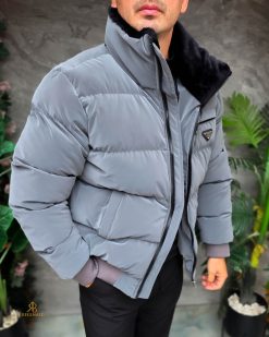 Geaca de bărbați, gri, groasa, blana la guler - GC881