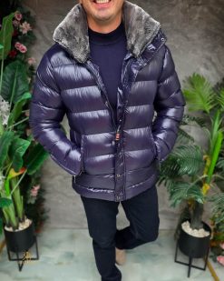 Geaca de bărbați, bleumarin, groasa, cu blana la guler - GC876