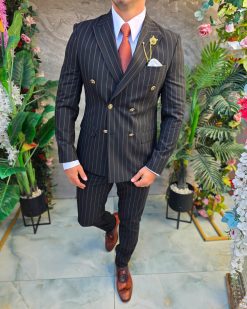 Costum de bărbați, Negru cu dungi: Sacou si Pantalon, Double Breasted- C5385
