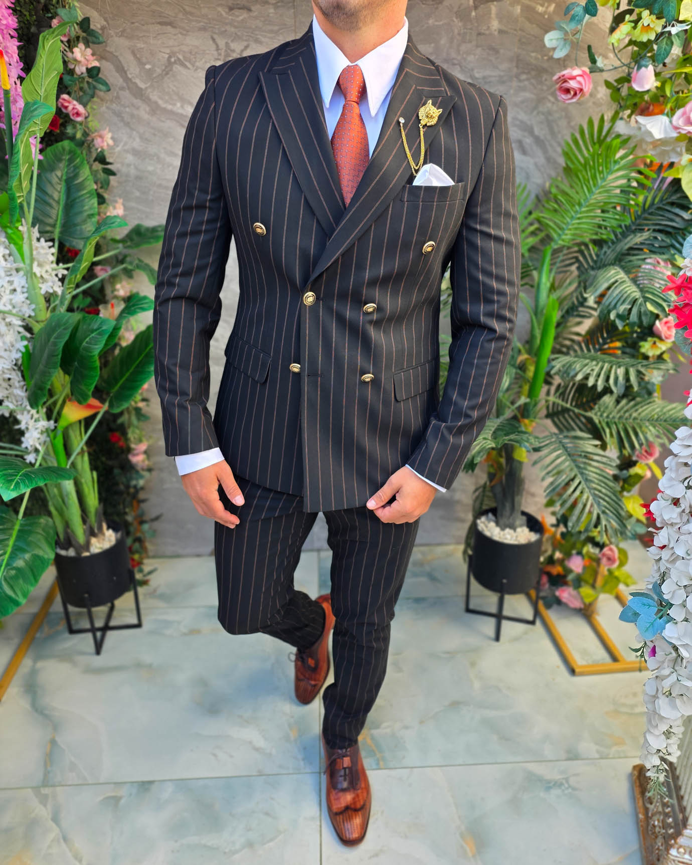 Costum de bărbați, Negru cu dungi: Sacou si Pantalon, Double Breasted- C5385