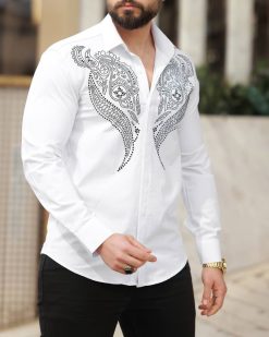 Camasa slim fit de barbati, alba cu pietre negre - CM531