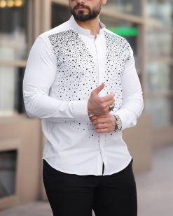 Camasa slim fit de barbati, alba cu pietre negre - CM532