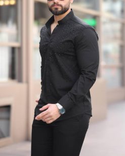 Alternative view of Camasa slim fit de barbati, neagra cu pietre negre - CM533