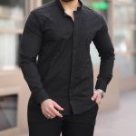 Camasa slim fit de barbati, neagra cu pietre negre - CM533