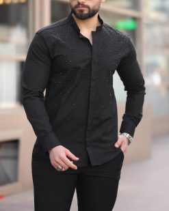 Camasa slim fit de barbati, neagra cu pietre negre - CM533