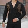 Camasa slim fit de barbati, neagra cu pietre aurii- CM534