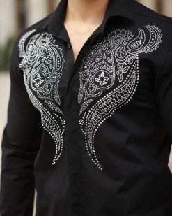 Alternative view of Camasa slim fit de barbati, neagra cu pietre argintii- CM535