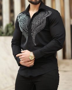 Camasa slim fit de barbati, neagra cu pietre argintii- CM535