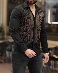 Camasa slim fit de barbati, neagra cu model si pietre aurii- CM537