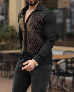 Alternative view of Camasa slim fit de barbati, neagra cu model si pietre aurii- CM537