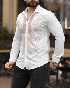 Camasa slim fit de barbati, alba cu model si pietre aurii- CM538