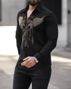 Camasa slim fit de barbati, neagra cu model si pietre - CM540