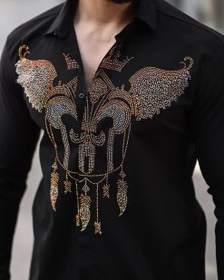 Alternative view of Camasa slim fit de barbati, neagra cu model si pietre - CM540