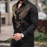 Men's slim fit shirt, black with pattern and gold stones - CM541