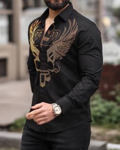 Camasa slim fit de barbati, neagra cu model si pietre aurii- CM541