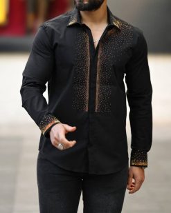 Camasa slim fit de barbati, neagra cu model si pietre aurii- CM542