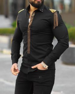 Camasa slim fit de barbati, neagra cu model si tinte aurii- CM543