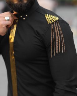 Alternative view of Camasa slim fit de barbati, neagra cu model si tinte aurii- CM543