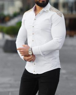 Alternative view of Camasa slim fit de barbati, alba cu tinte aurii - CM530