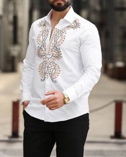 Camasa slim fit de barbati, alba cu model- CM545