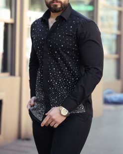 Alternative view of Camasa slim fit de barbati, neagra cu pietre argintii- CM546