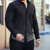 Camasa slim fit de barbati, neagra cu pietre argintii- CM546