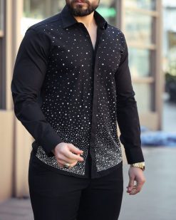 Camasa slim fit de barbati, neagra cu pietre argintii- CM546